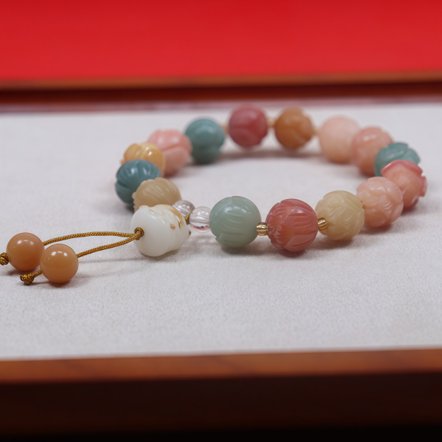 Natural White Jade Bodhi Root Bracelet |Lotus flowers bloom at every step 