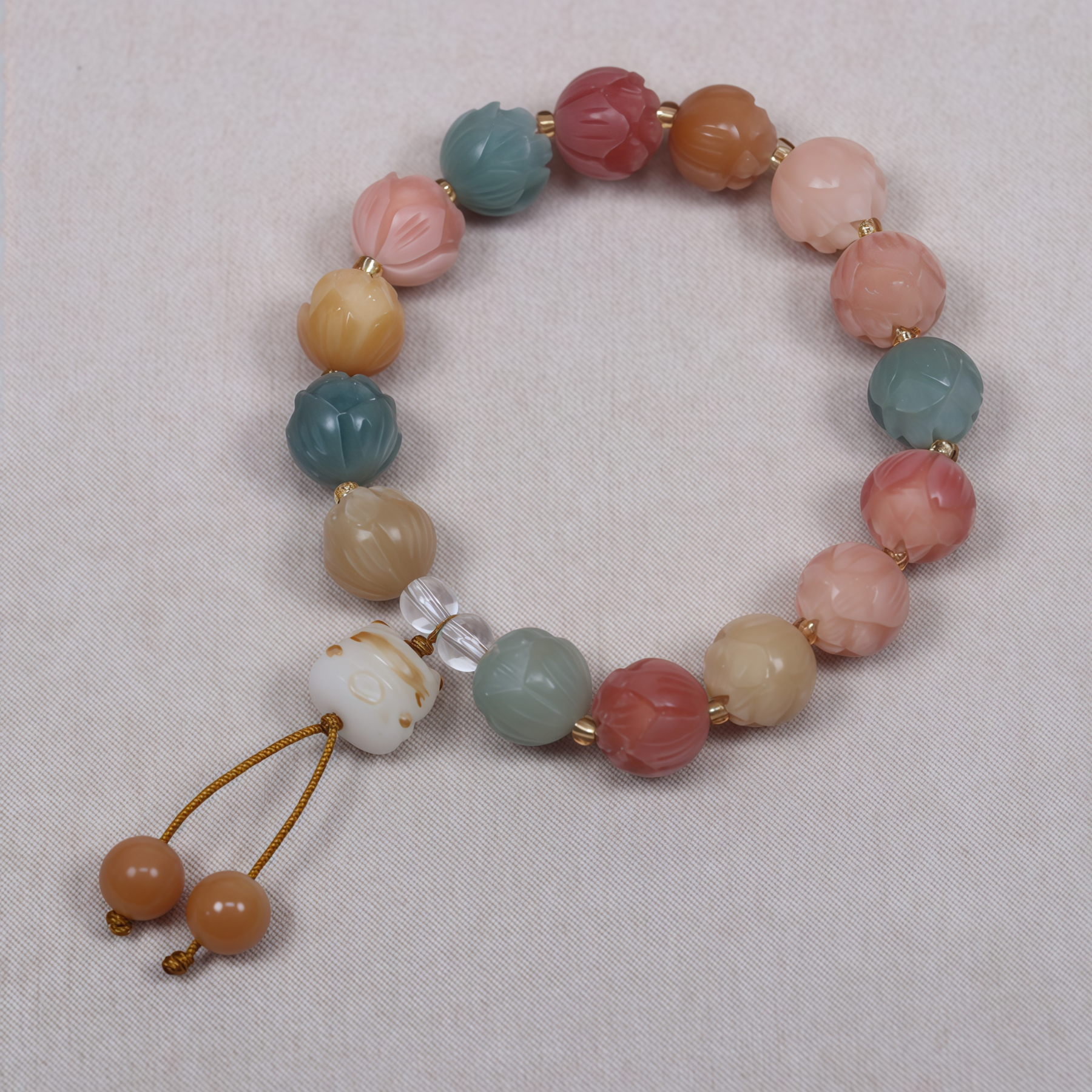 Natural White Jade Bodhi Root Bracelet |Lotus flowers bloom at every step 