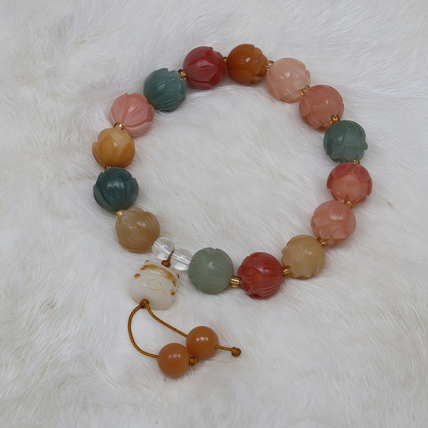 Natural White Jade Bodhi Root Bracelet |Lotus flowers bloom at every step 