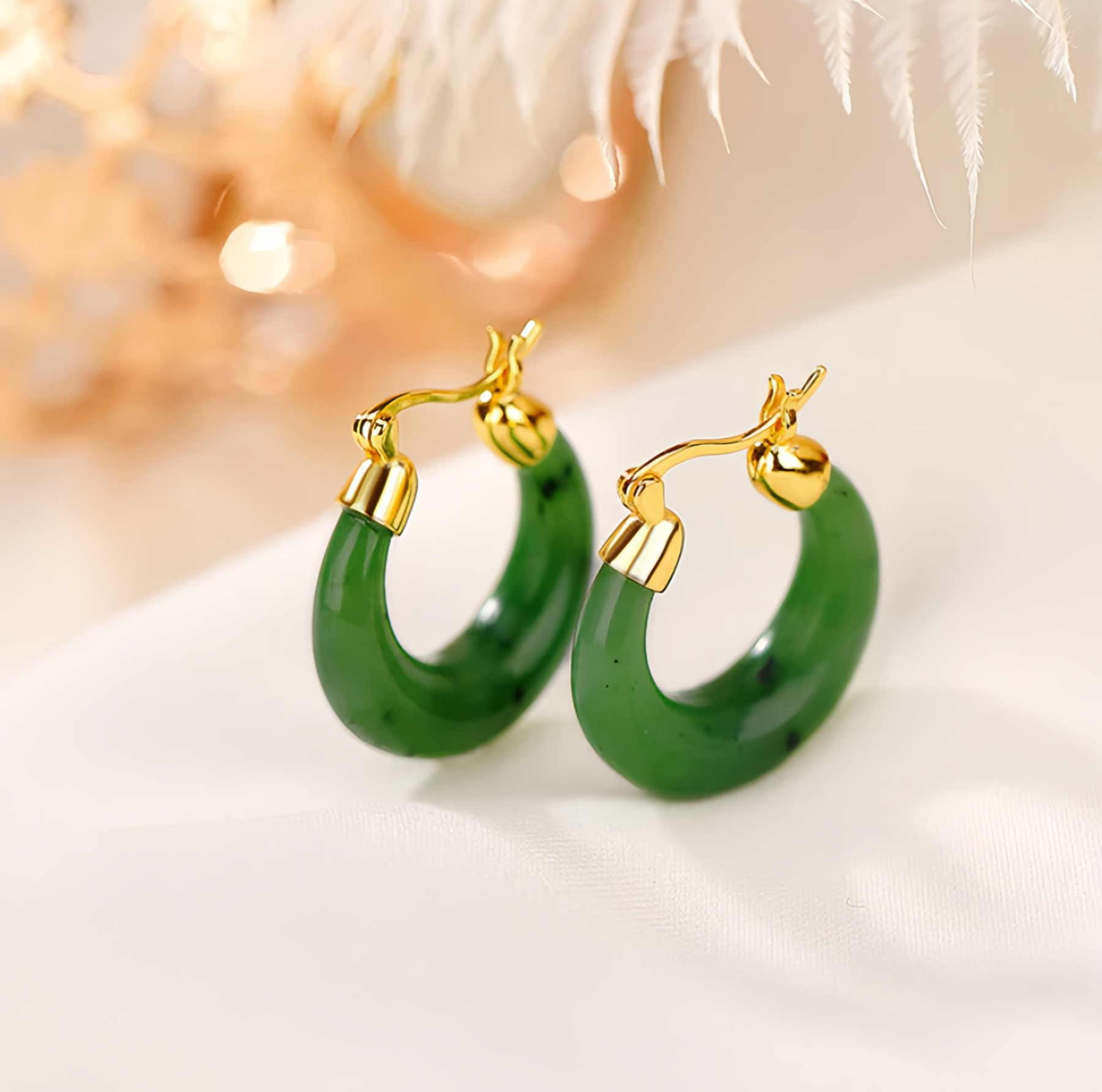 925 Sterling Silver Plated Gold Natural Round Hetian Cyan Jade Luck Drop Earrings