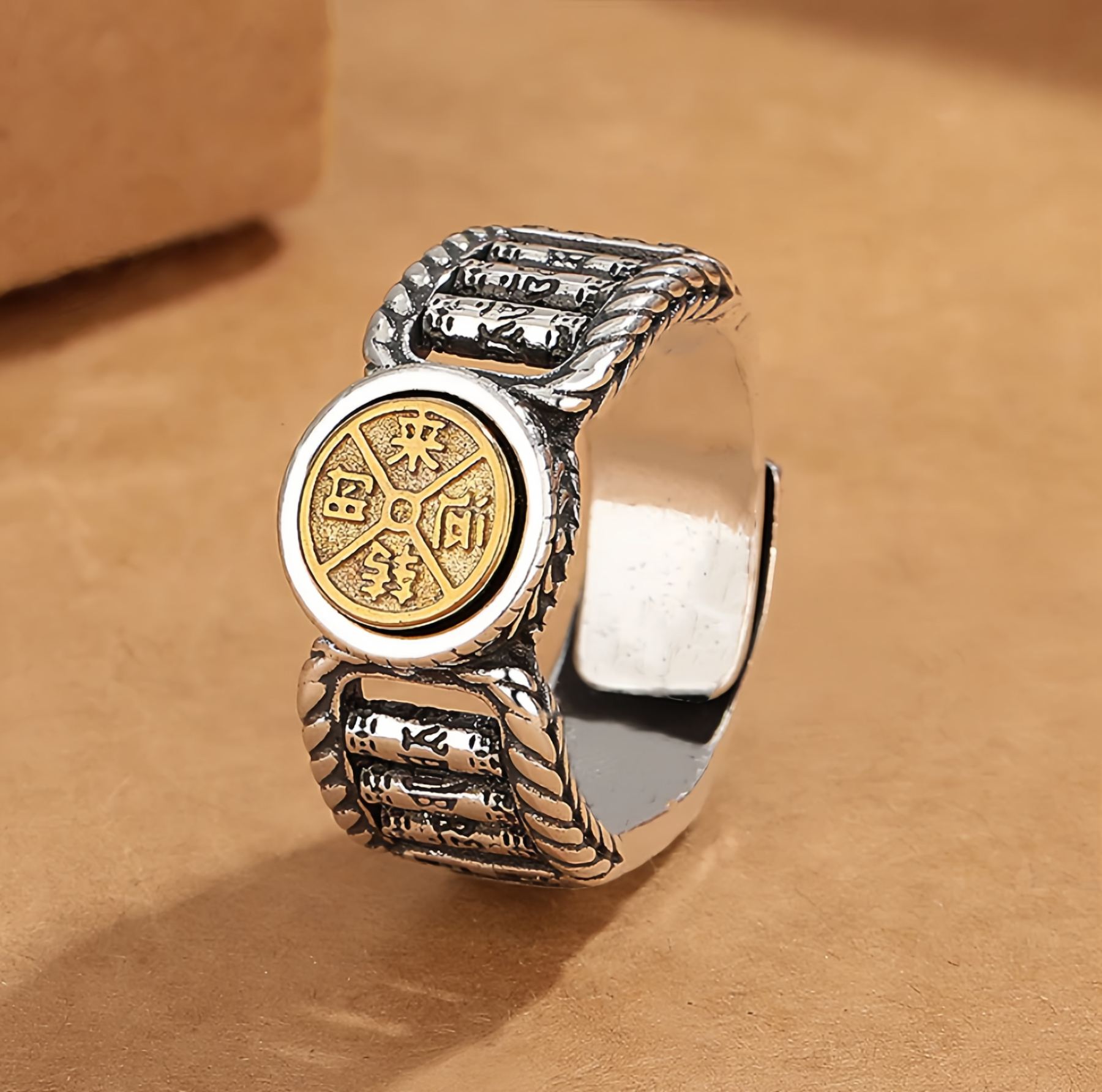 Tibetan About Mani Padme Hum Carved Design Copper Coin Purity Rotatable Ring.