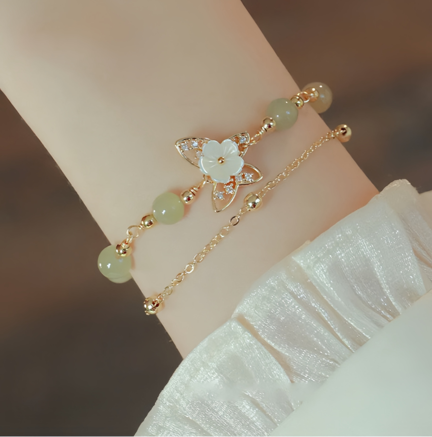 14K Gold Plated Jade Butterfly Tridacna Stone Flower Double Layer Luck Bracelet