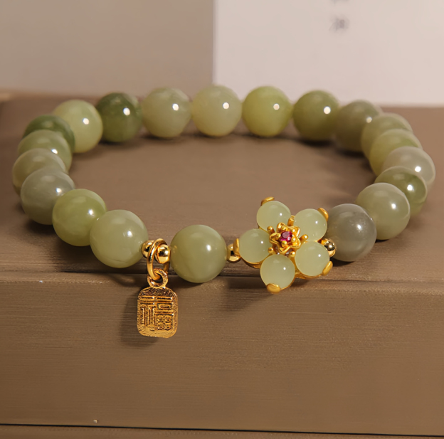 Green Jade Flower Fu Character Charm Luck Bracelet