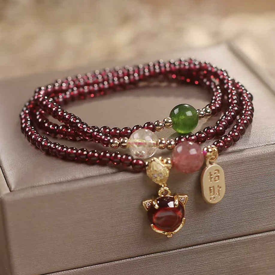 Natural Garnet Strawberry Quartz Crystal Fox Koi Fish Peace Buckle Fortune Protection Triple Wrap Bracelet- EclatDoré