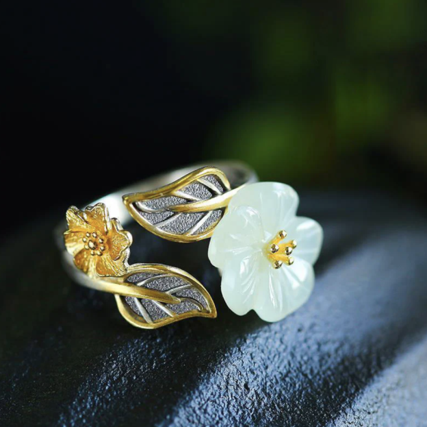 925 Silver Plated Copper White Jade Plum Flower Leaf Luck Ring