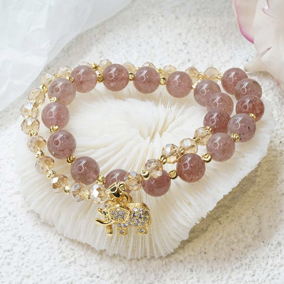 Buddha Stones Rose Quartz Elephant Healing Energy Charm Bracelet