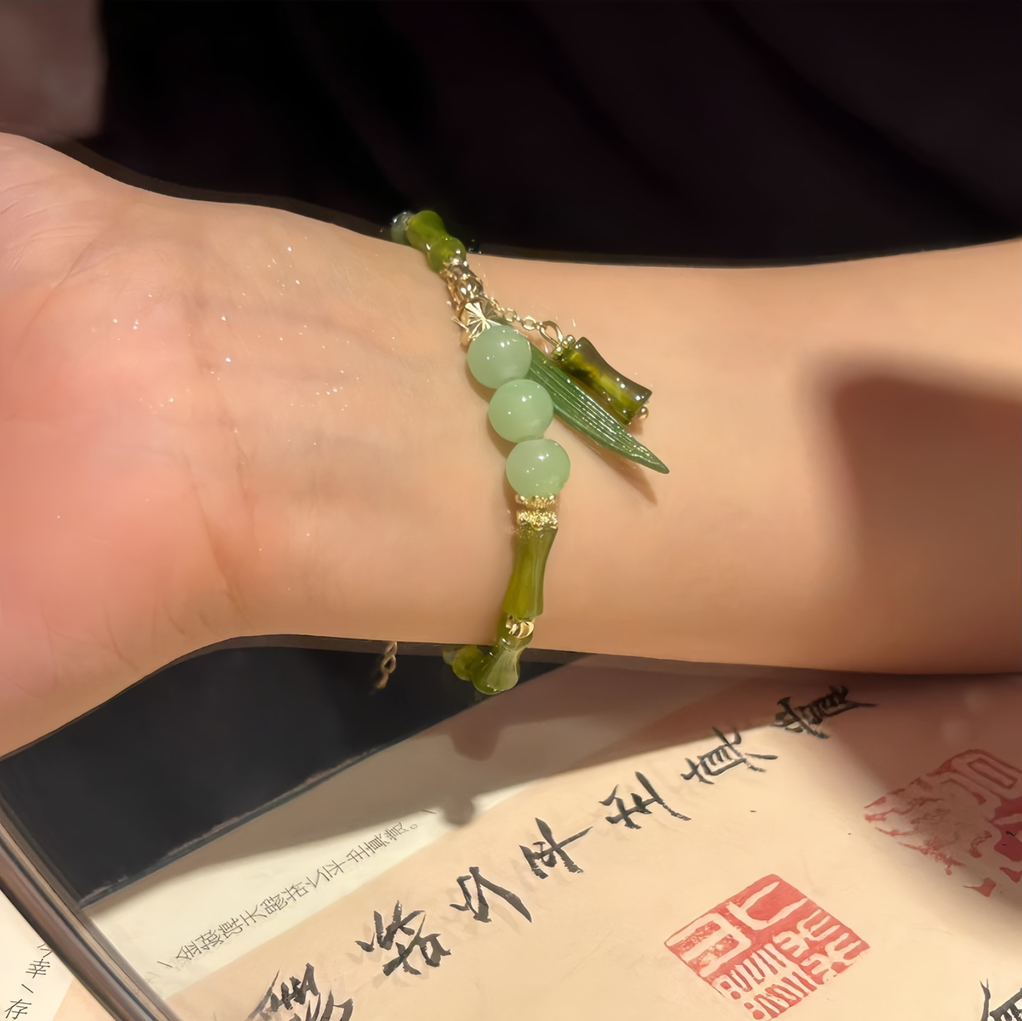Jade Bamboo Leaf Lily Of The Valley Pattern Luck Abundance Bracelet