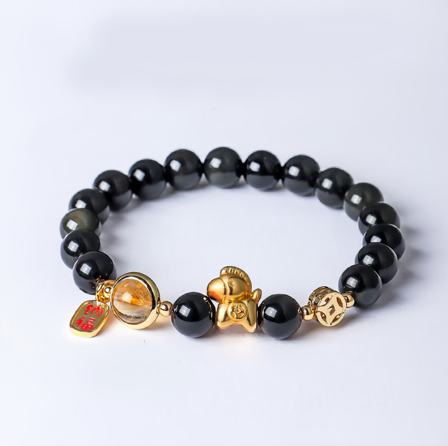 Horse Year Natural 8mm Obsidian Red Agate Pink Crystal Power Bracelet