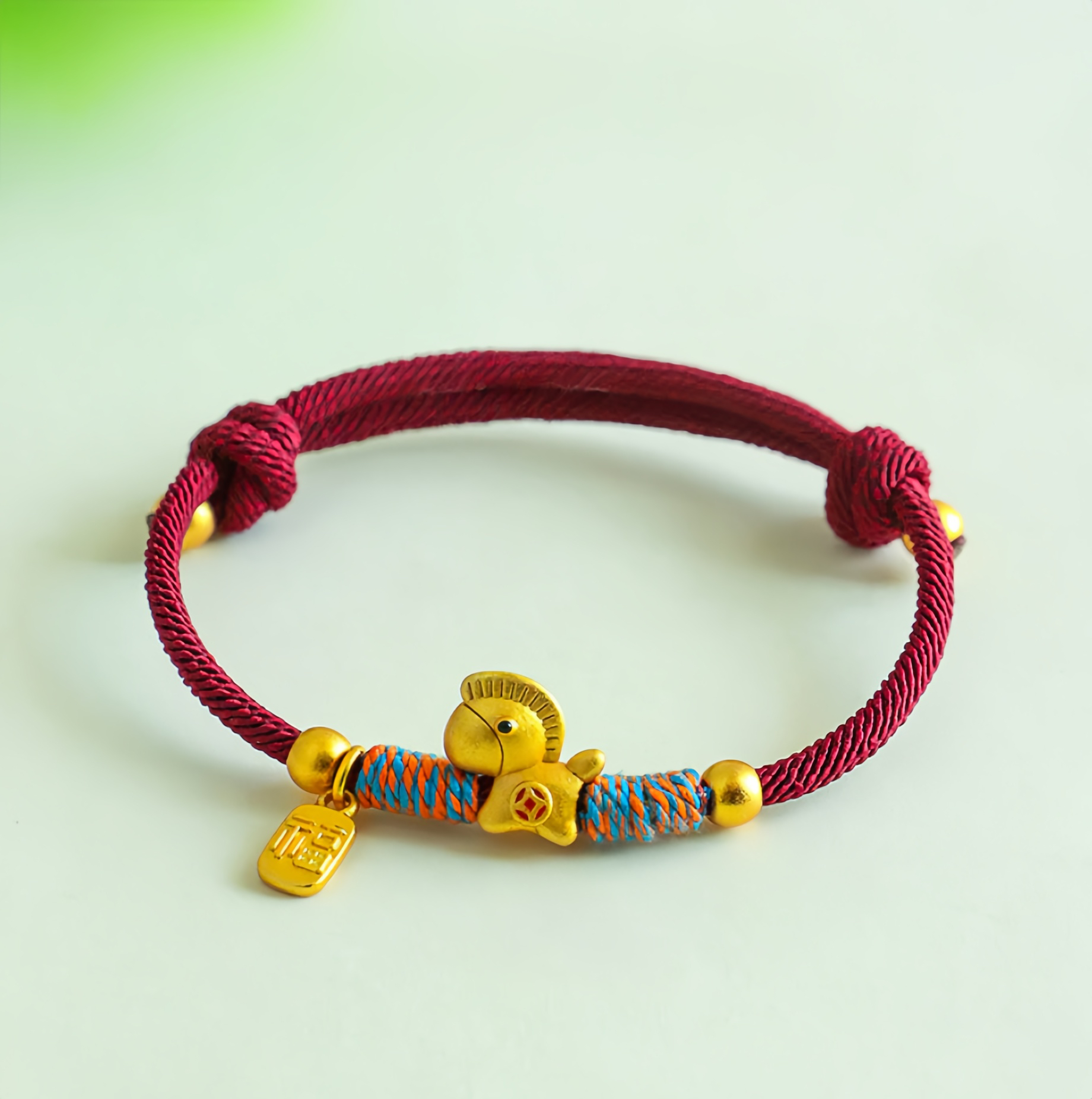999 Sterling Silver Year Of The Horse Fu Character Charm Colorful String Rope Luck Bracelet