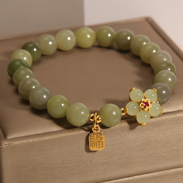 Green Jade Flower Fu Character Charm Luck Bracelet