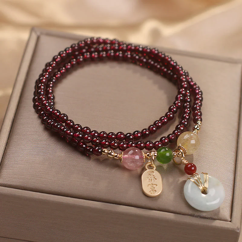 Natural Garnet Strawberry Quartz Crystal Fox Koi Fish Peace Buckle Fortune Protection Triple Wrap Bracelet- EclatDoré