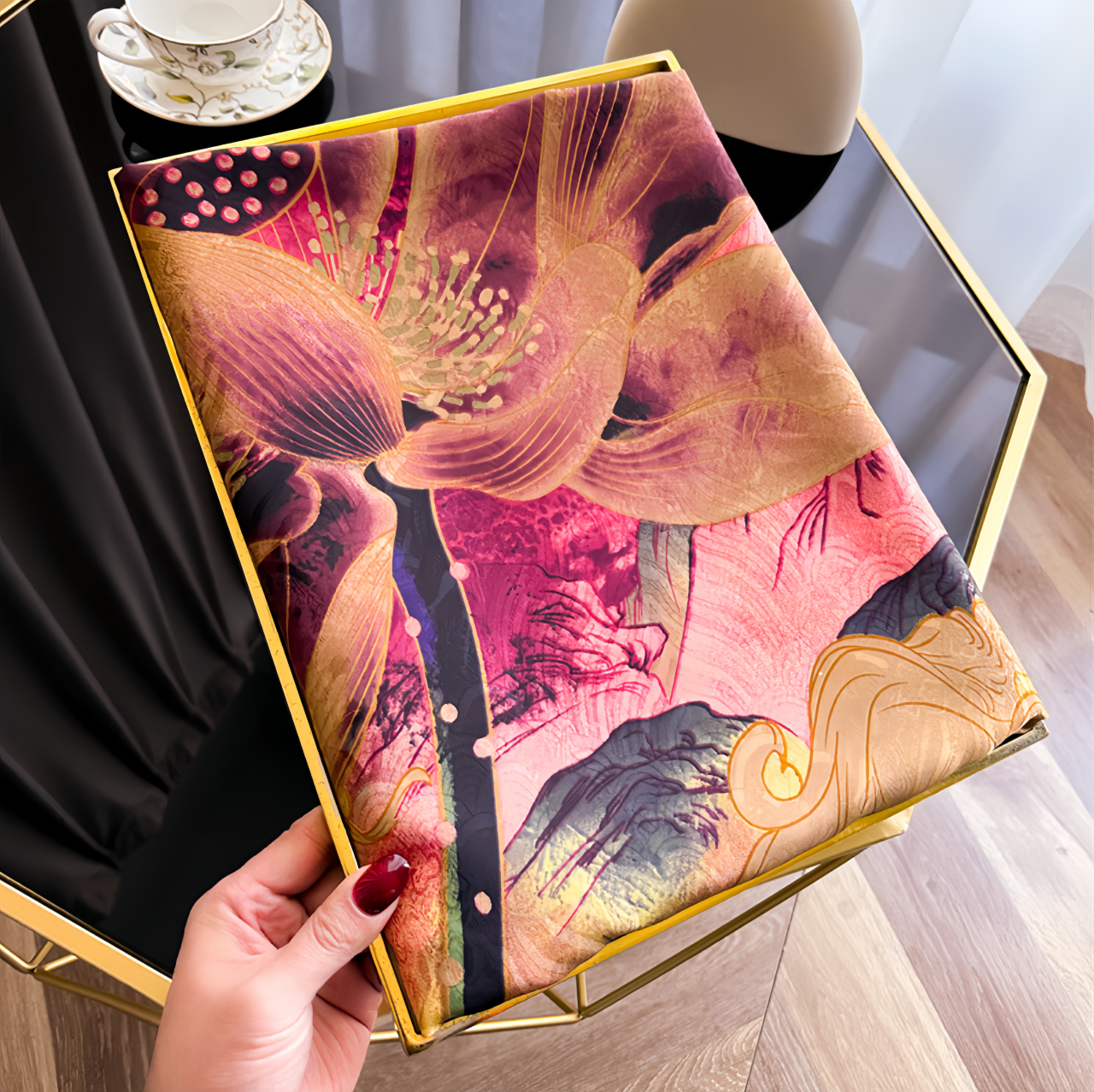  UV-Protective Handwoven Silk Scarf - Vintage Blue Peony & Bamboo Lightweight Ethno Fashion- EclatDoré