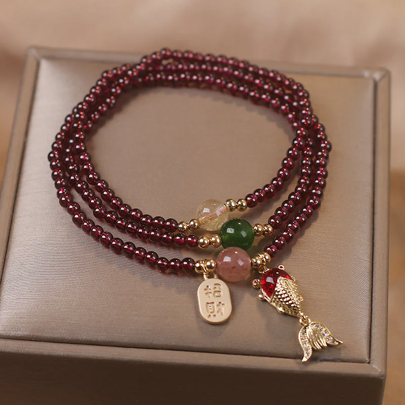 Natural Garnet Strawberry Quartz Crystal Fox Koi Fish Peace Buckle Fortune Protection Triple Wrap Bracelet- EclatDoré