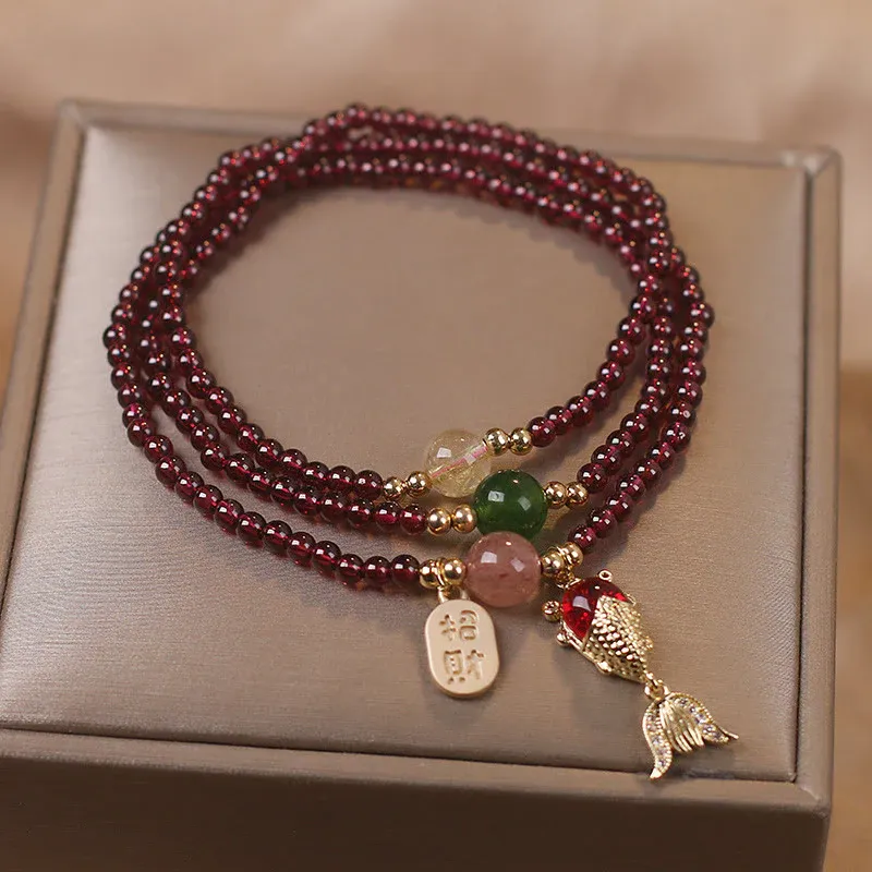 Natural Garnet Strawberry Quartz Crystal Fox Koi Fish Peace Buckle Fortune Protection Triple Wrap Bracelet- EclatDoré