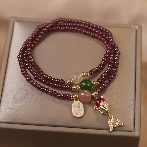 Natural Garnet Strawberry Quartz Crystal Fox Koi Fish Peace Buckle Fortune Protection Triple Wrap Bracelet- EclatDoré