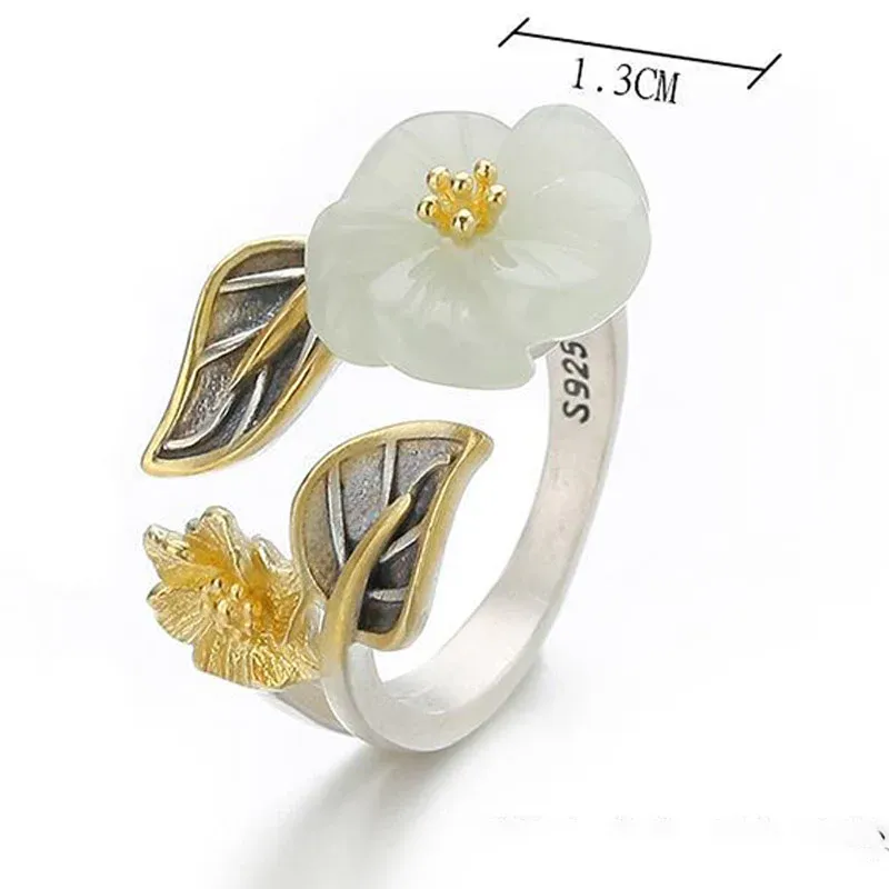 925 Silver Plated Copper White Jade Plum Flower Leaf Luck Ring