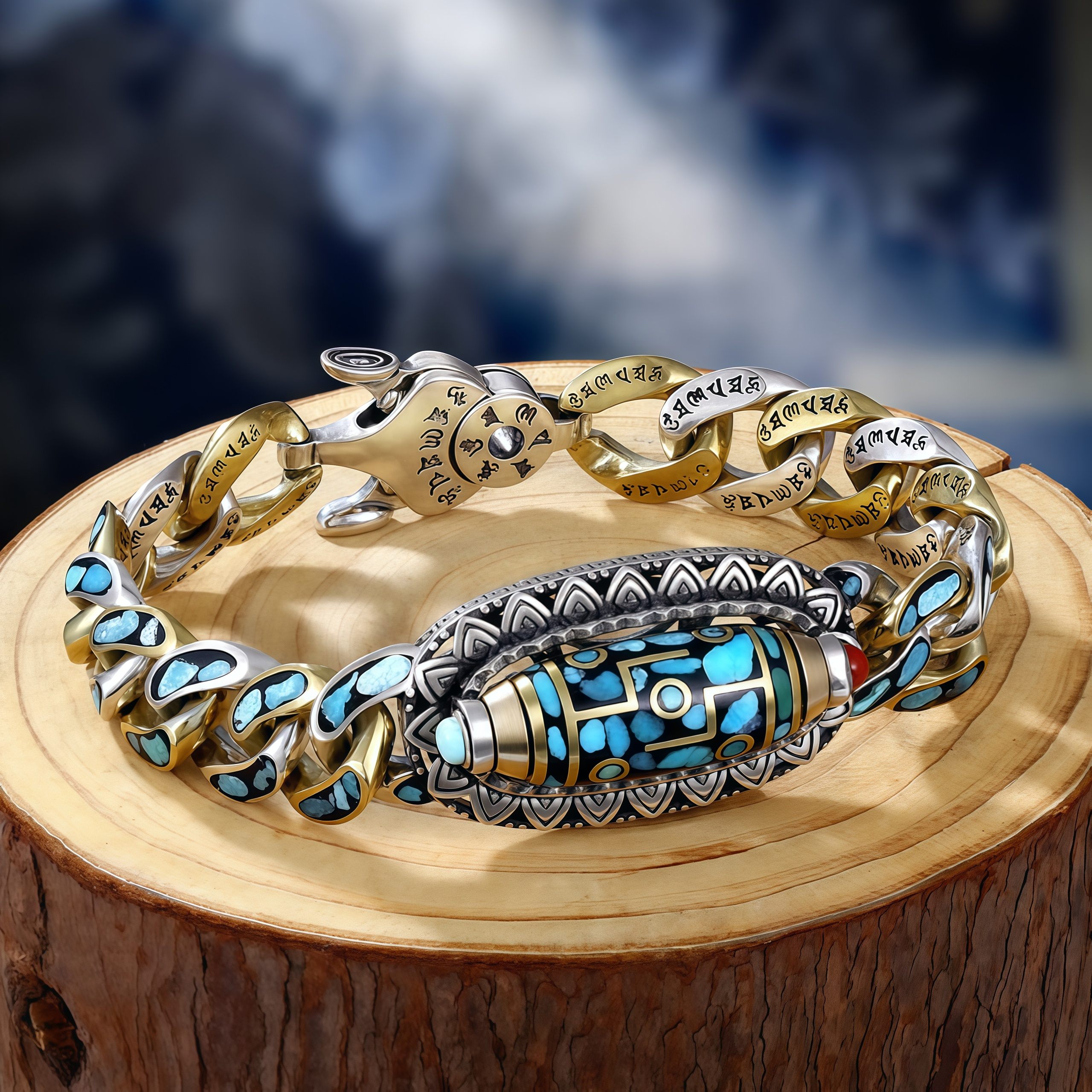 Tibetan Nine-Eye Dzi Bead Om Mani Padme Hum Turquoise Protection Rotatable Bracelet- EclatDoré
