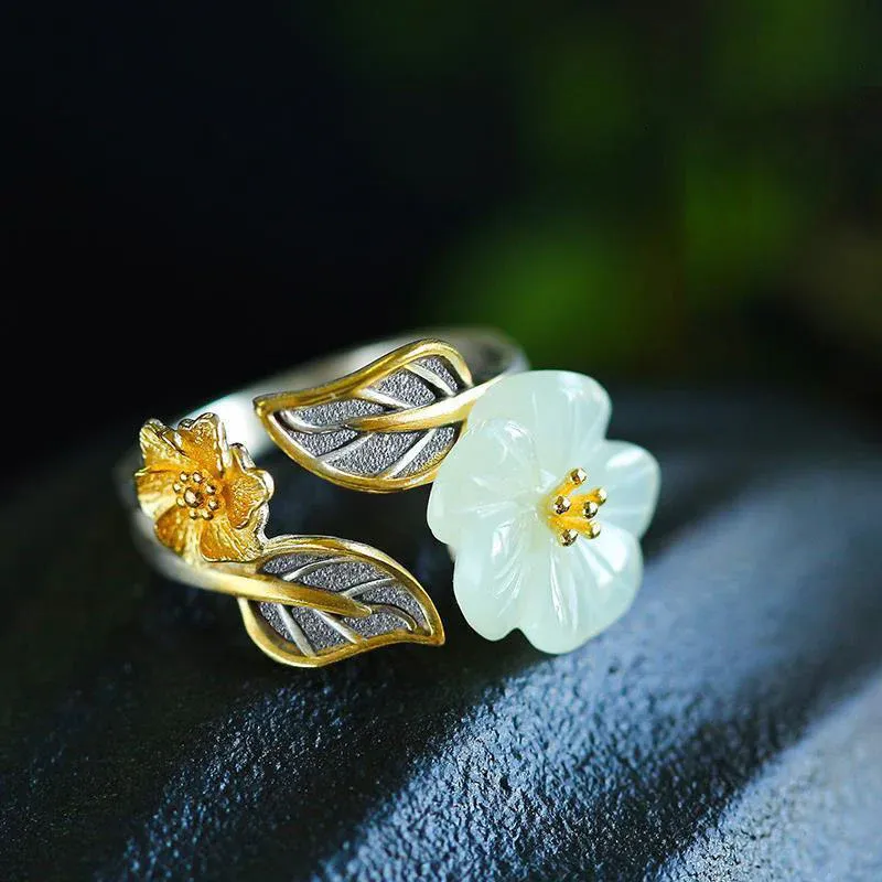 925 Silver Plated Copper White Jade Plum Flower Leaf Luck Ring