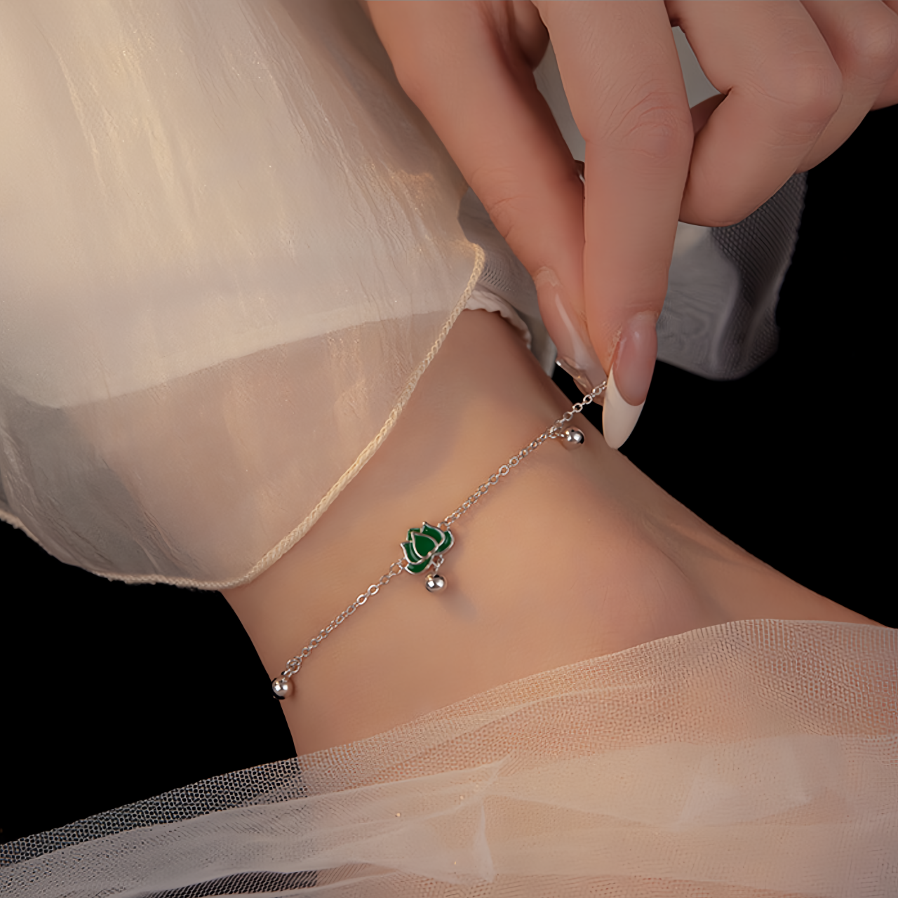 S925 Sterling Silver Vintage Lotus Ankle Bracelet & Wrist Chain with Green Stone Beads, Adjustable Retro Jewelry for Women- EclatDoré