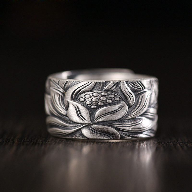 Tibetan Buddhism Silver 999 Ring - Lotus Mantra Engraved Adjustable Open Ring- EclatDoré