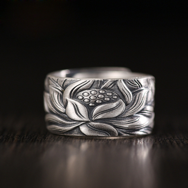 Tibetan Buddhism Silver 999 Ring - Lotus Mantra Engraved Adjustable Open Ring- EclatDoré
