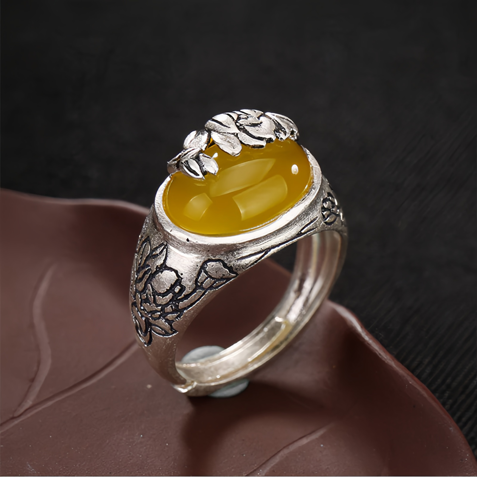 Citrine Lotus Blessing Protection Adjustable Ring