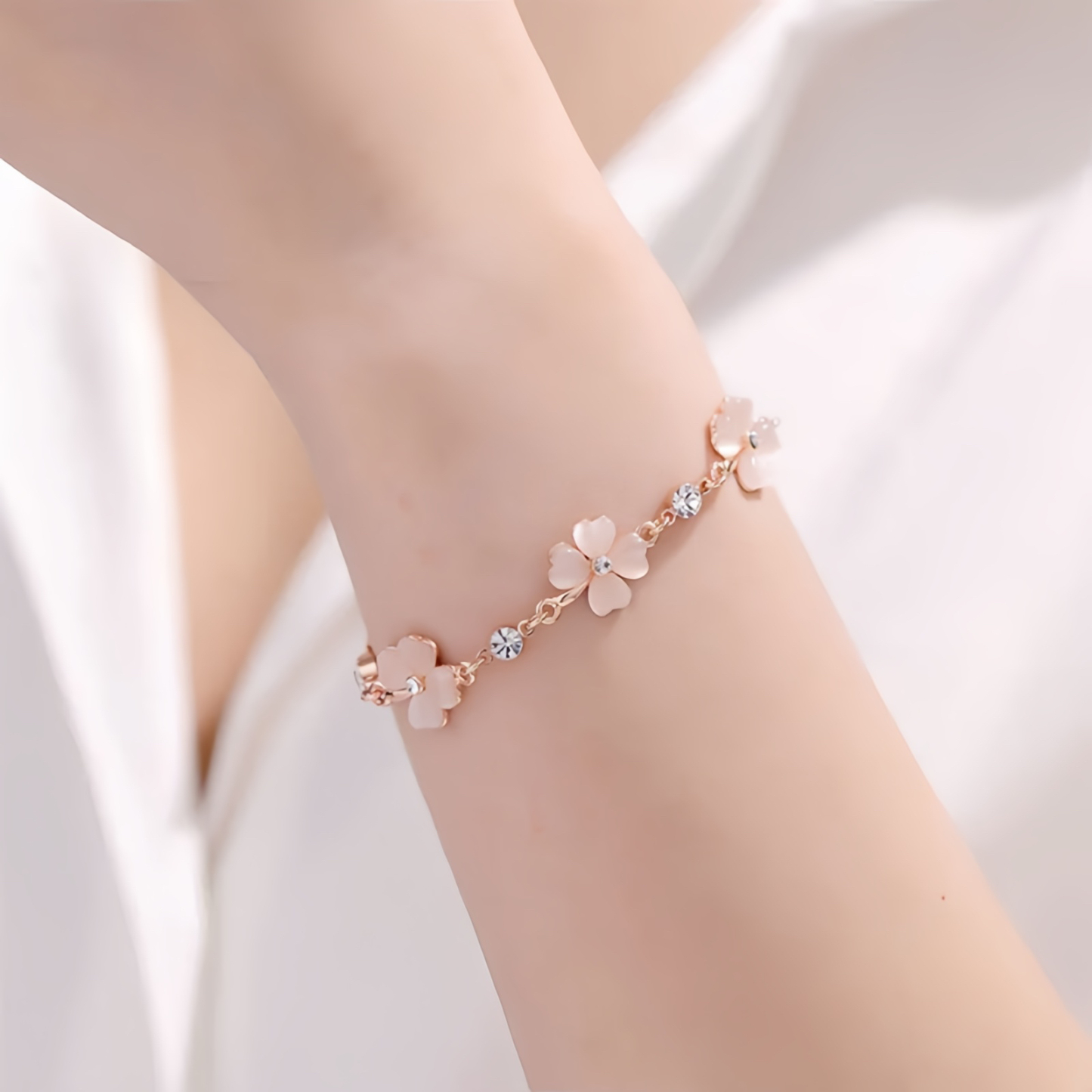 Pink Crystal Four Leaf Clover Love Chain Bracelet