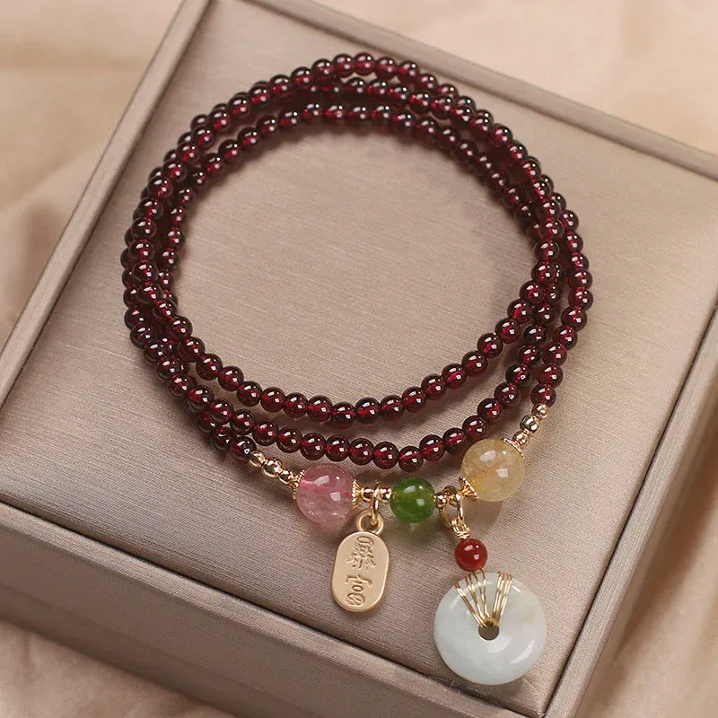 Natural Garnet Strawberry Quartz Crystal Fox Koi Fish Peace Buckle Fortune Protection Triple Wrap Bracelet- EclatDoré