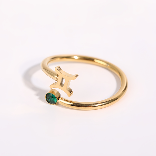 Zodiac Birthstone Titanium Steel Ring with Rune Symbols - Adjustable Open  Zircon Astrology Jewelry- EclatDoré
