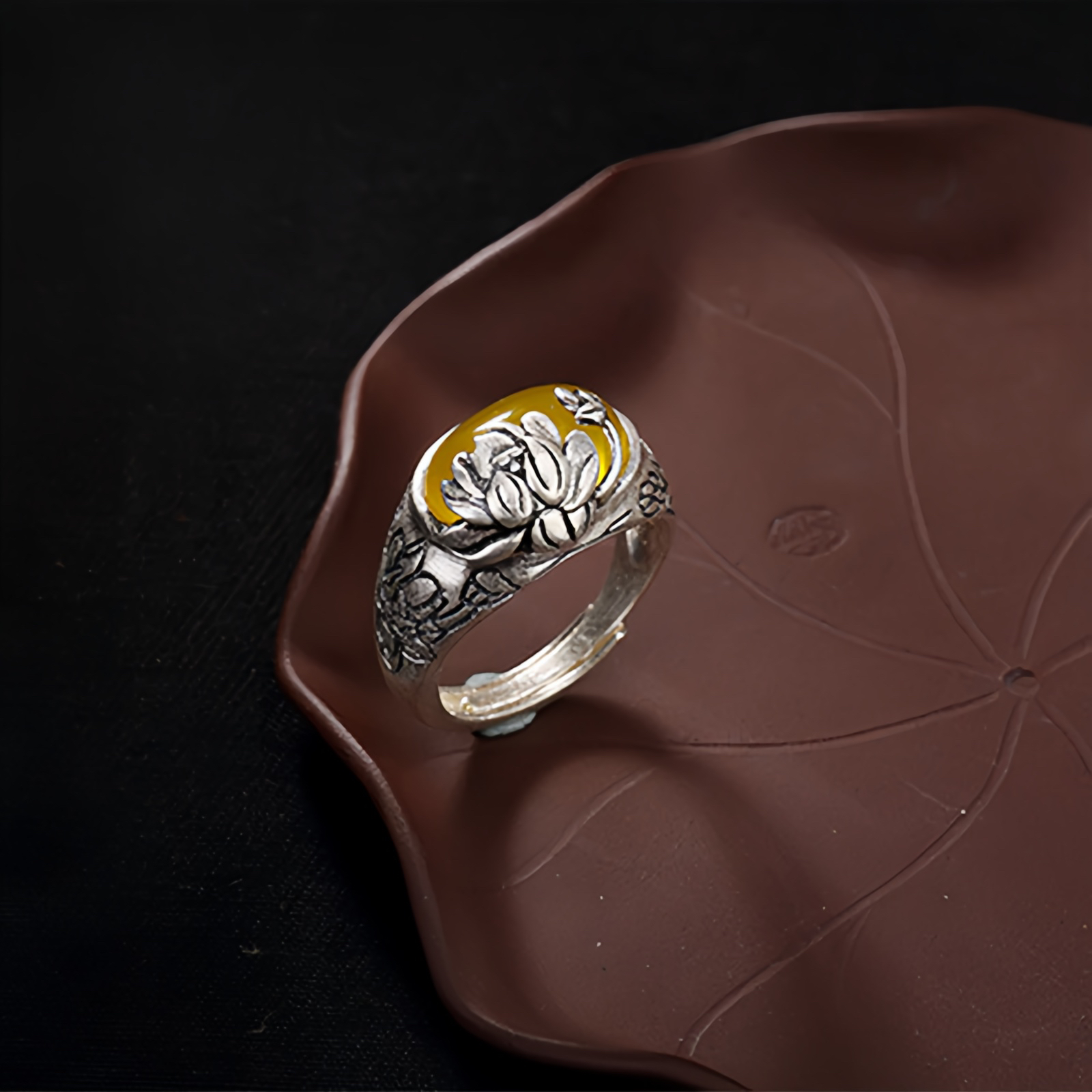Citrine Lotus Blessing Protection Adjustable Ring