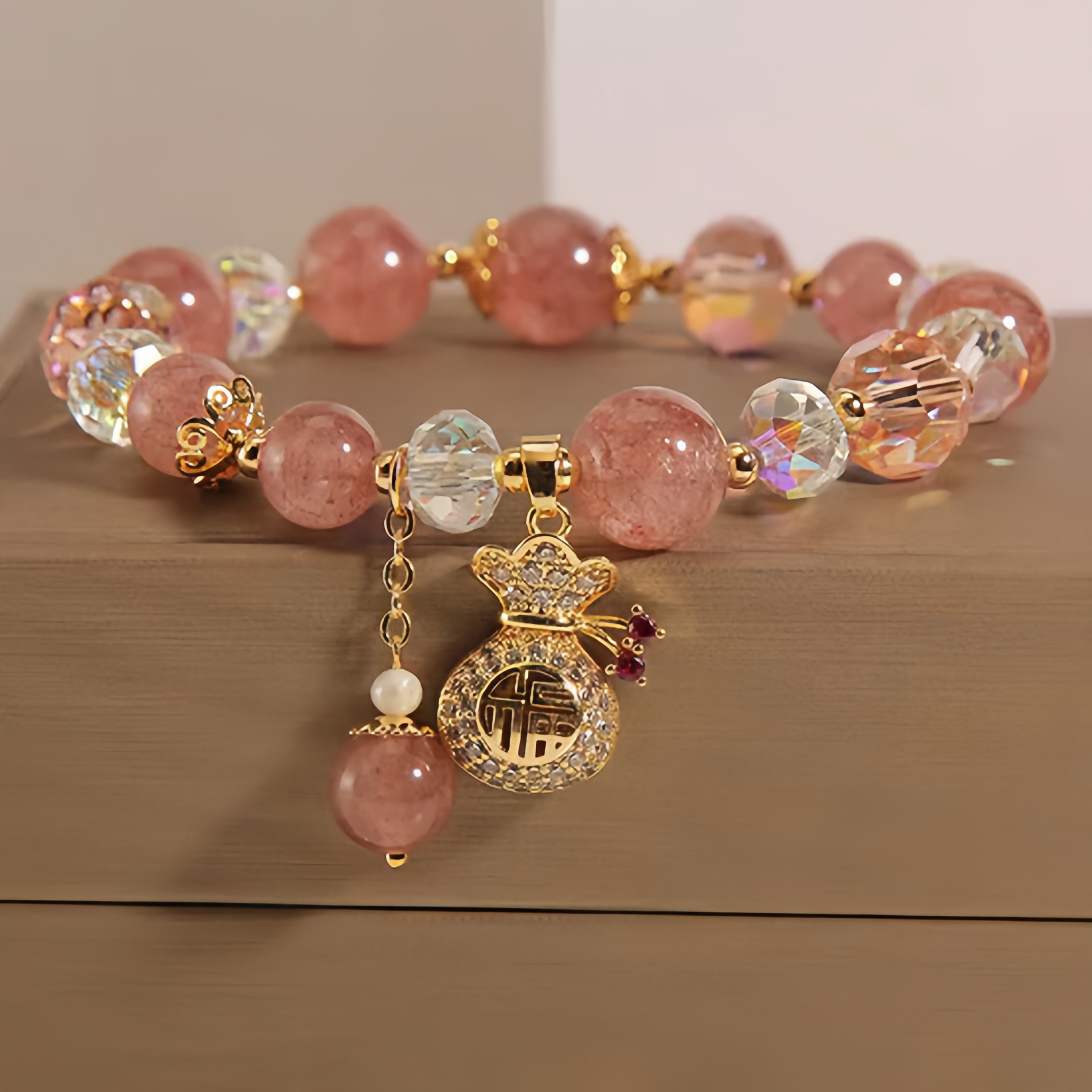Natural Strawberry Quartz Crystal Money Bag Charm Positive Bracelet- EclatDoré