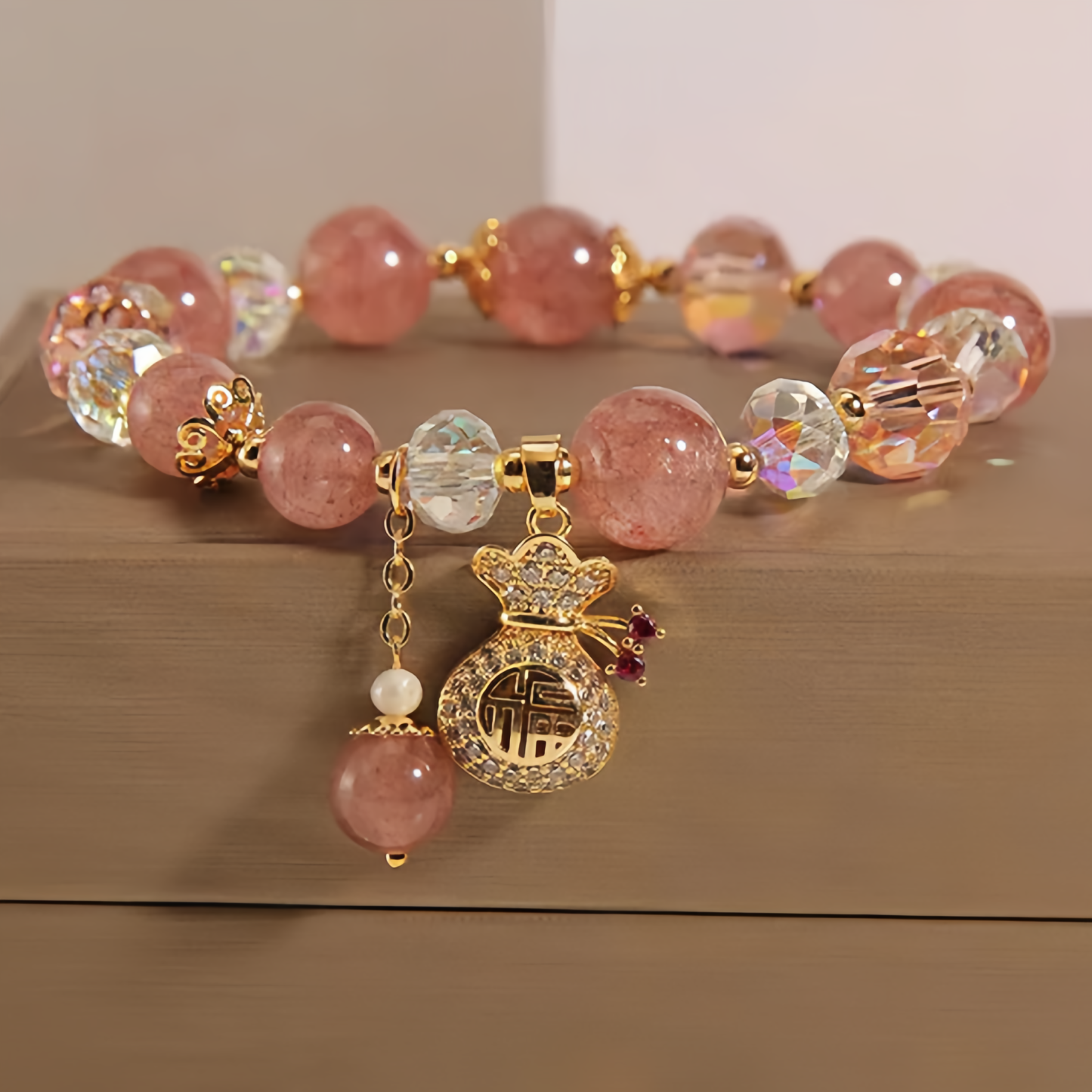 Natural Strawberry Quartz Crystal Money Bag Charm Positive Bracelet- EclatDoré