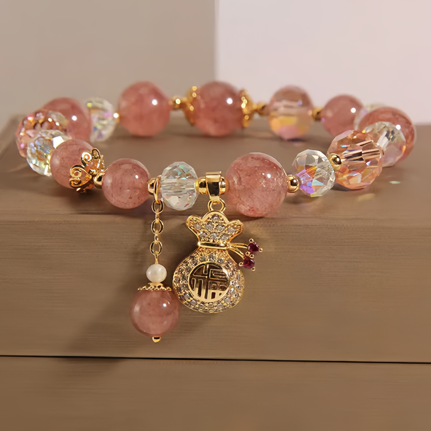 Natural Strawberry Quartz Crystal Money Bag Charm Positive Bracelet- EclatDoré