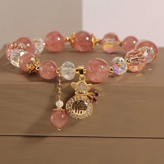 Natural Strawberry Quartz Crystal Money Bag Charm Positive Bracelet- EclatDoré