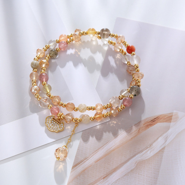 Natural Strawberry Quartz Love Healing Maple Leaf Charm Double Wrap Bracelet- EclatDoré