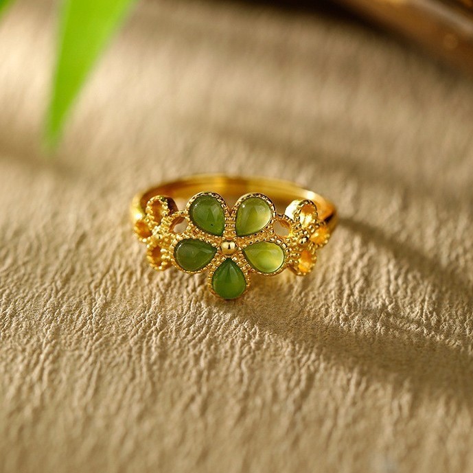 Natural Hetian Jade 925 Sterling Silver Plated Gold Flower Adjustable Prosperity Ring- EclatDoré