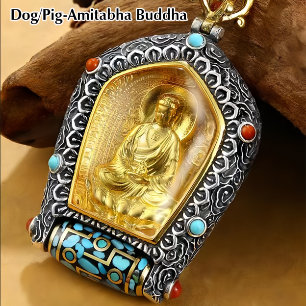 Tibet Chinese Zodiac Natal Buddha Thangka  Prosperity Rotatable Dzi Bead Necklace Pendant- EclatDoré