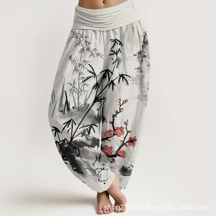 Pure Cotton Plum Blossoms Bamboo Orchids Chrysanthemums Pattern Women's Elastic Waist Harem Pants- EclatDoré