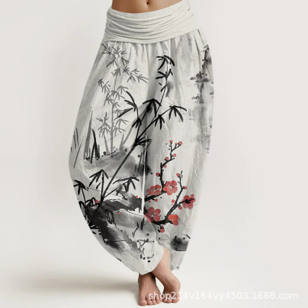 Pure Cotton Plum Blossoms Bamboo Orchids Chrysanthemums Pattern Women's Elastic Waist Harem Pants- EclatDoré