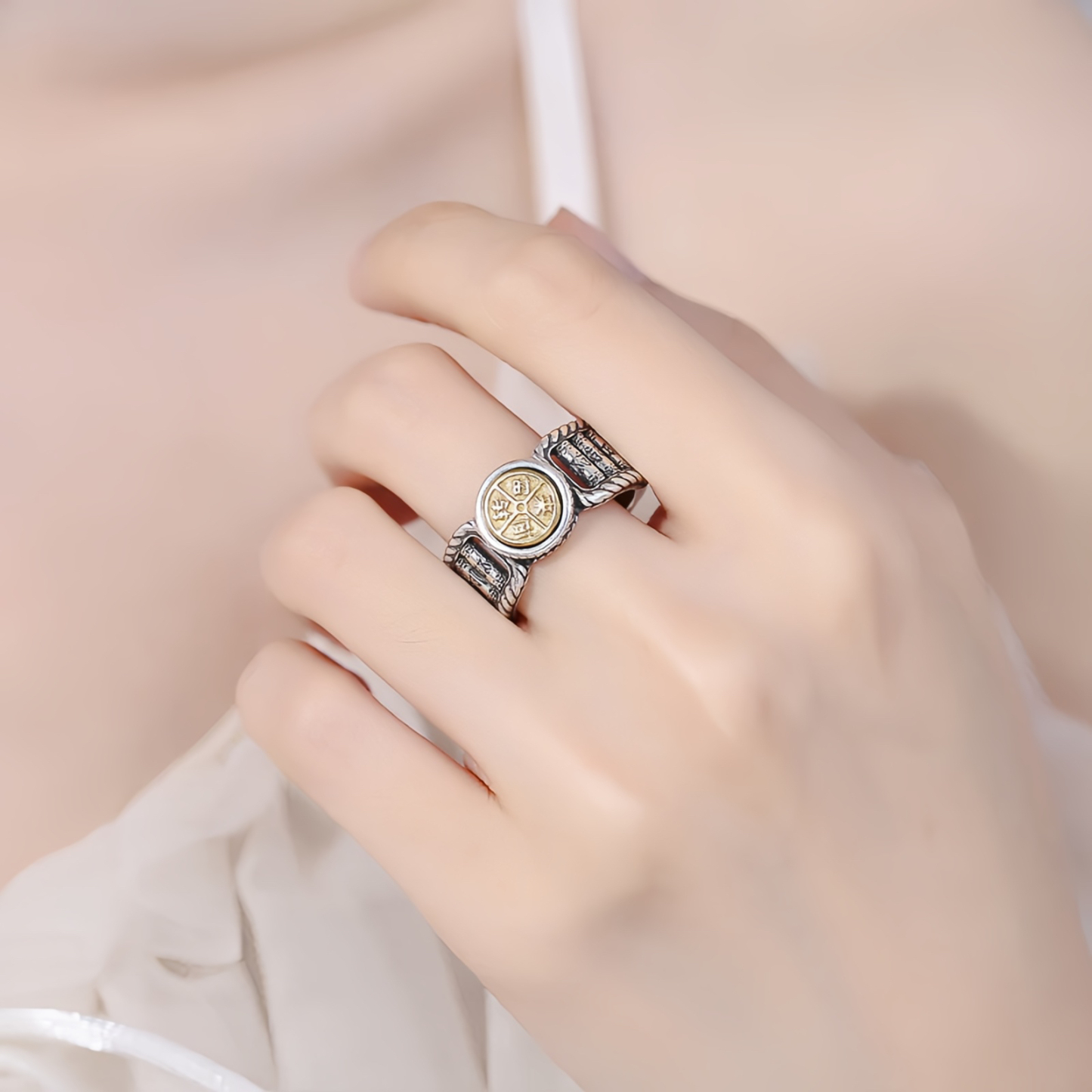 Tibetan About Mani Padme Hum Carved Design Copper Coin Purity Rotatable Ring.