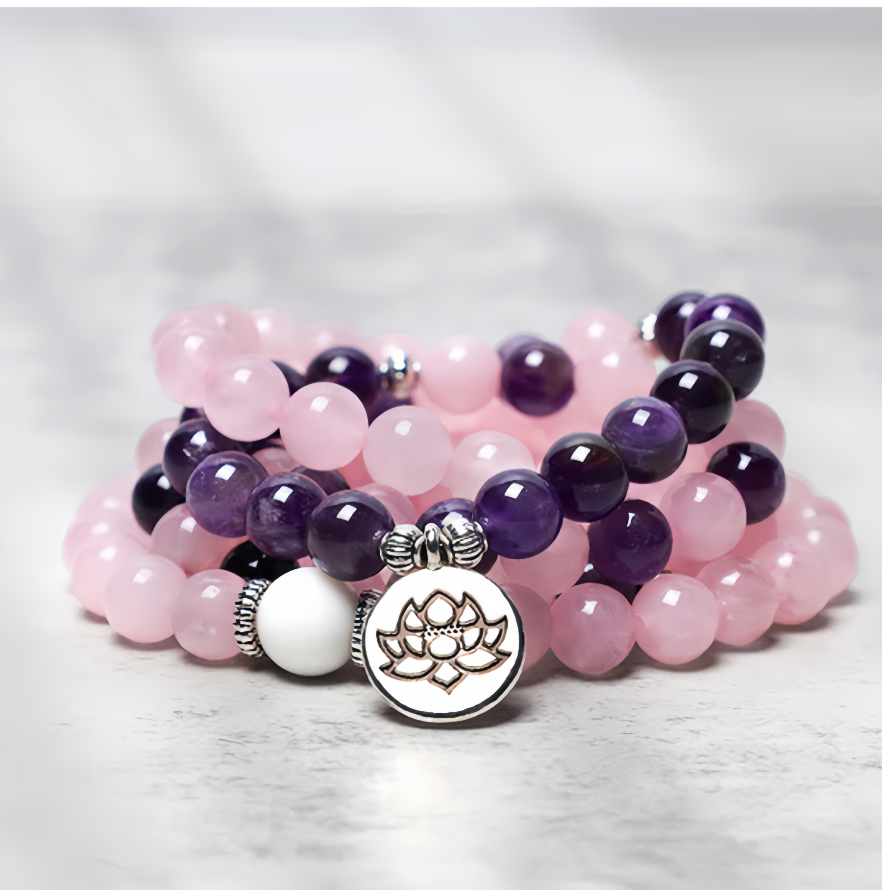 Healing Energy Jewelry:  108 Natural Rose Quartz & Amethyst Mala Bead Lotus Pendant Bracelet- EclatDoré