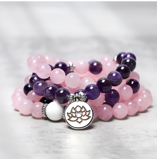 Healing Energy Jewelry:  108 Natural Rose Quartz & Amethyst Mala Bead Lotus Pendant Bracelet- EclatDoré