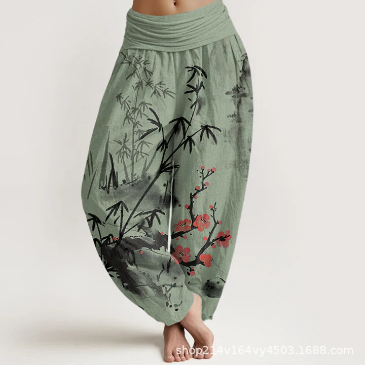 Pure Cotton Plum Blossoms Bamboo Orchids Chrysanthemums Pattern Women's Elastic Waist Harem Pants- EclatDoré