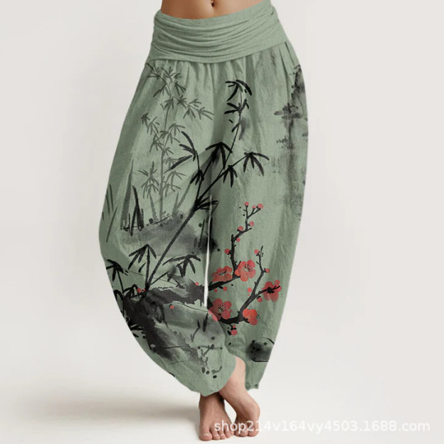 Pure Cotton Plum Blossoms Bamboo Orchids Chrysanthemums Pattern Women's Elastic Waist Harem Pants- EclatDoré