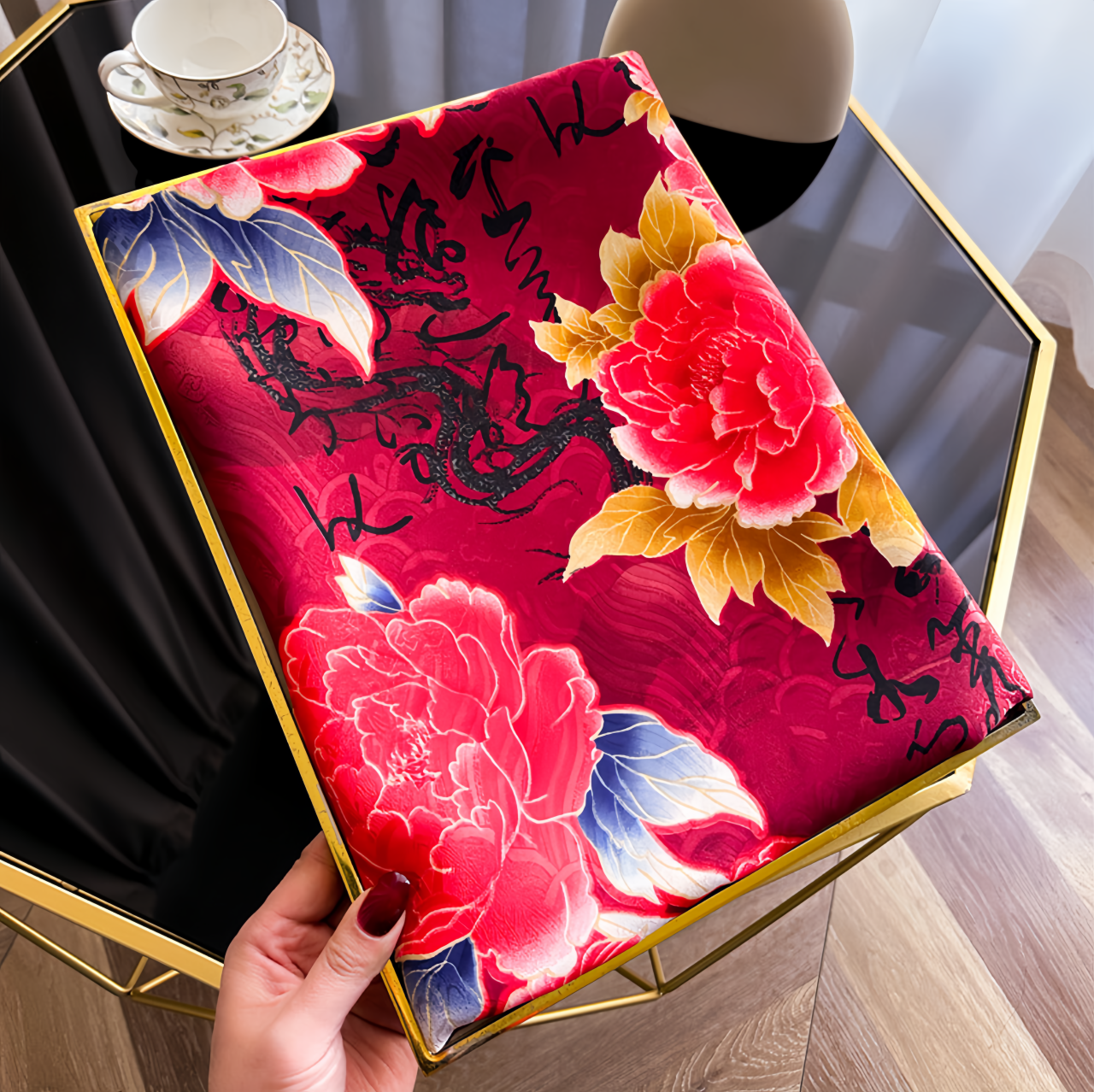  UV-Protective Handwoven Silk Scarf - Vintage Blue Peony & Bamboo Lightweight Ethno Fashion- EclatDoré