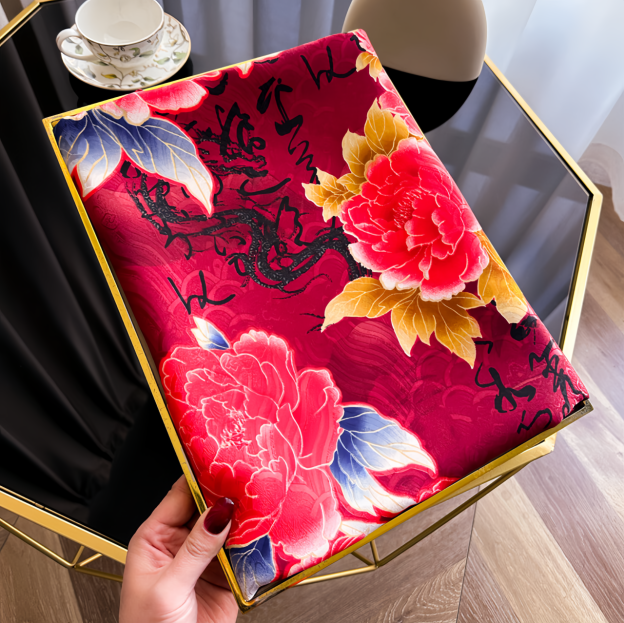  UV-Protective Handwoven Silk Scarf - Vintage Blue Peony & Bamboo Lightweight Ethno Fashion- EclatDoré