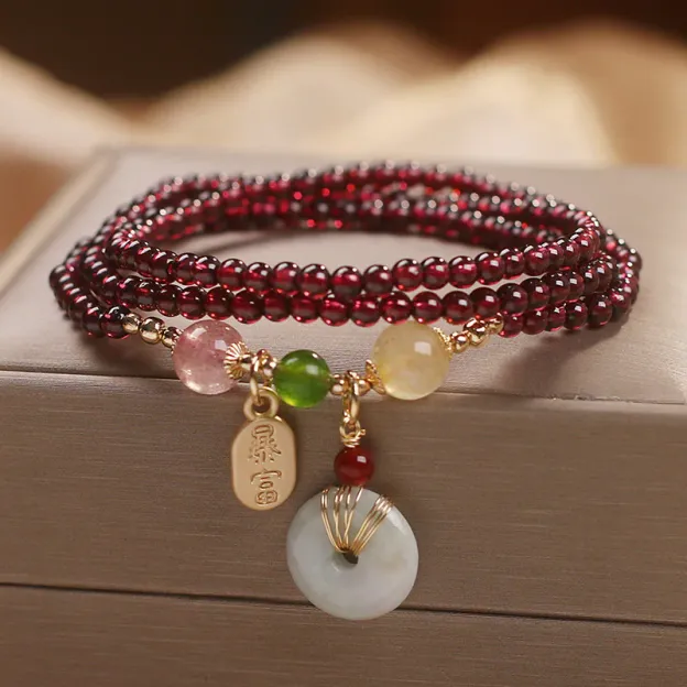 Natural Garnet Strawberry Quartz Crystal Fox Koi Fish Peace Buckle Fortune Protection Triple Wrap Bracelet- EclatDoré