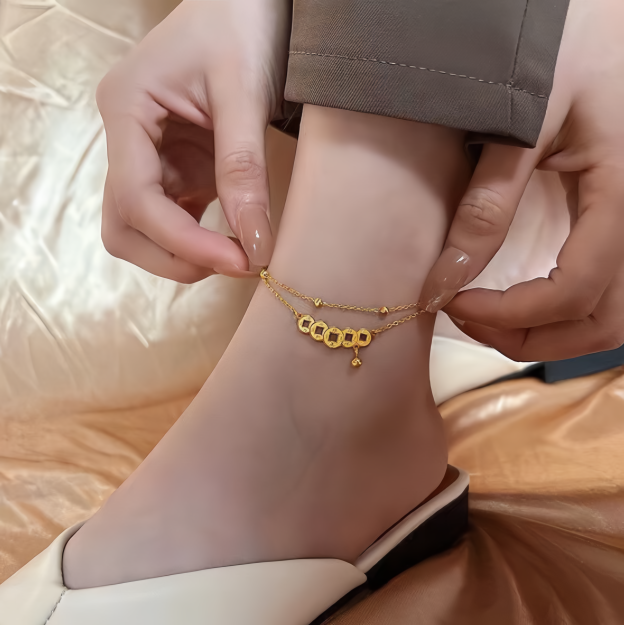 Double Layer Vintage Copper Coin Anklet for Women - Adjustable Lucky Wealth Anklet Chain- EclatDoré