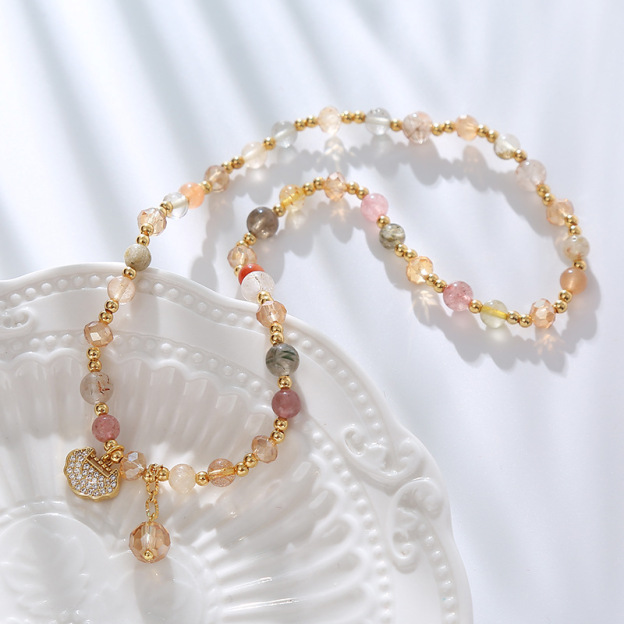 Natural Strawberry Quartz Love Healing Maple Leaf Charm Double Wrap Bracelet- EclatDoré