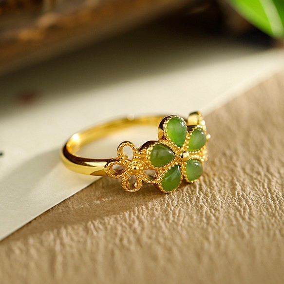 Natural Hetian Jade 925 Sterling Silver Plated Gold Flower Adjustable Prosperity Ring- EclatDoré